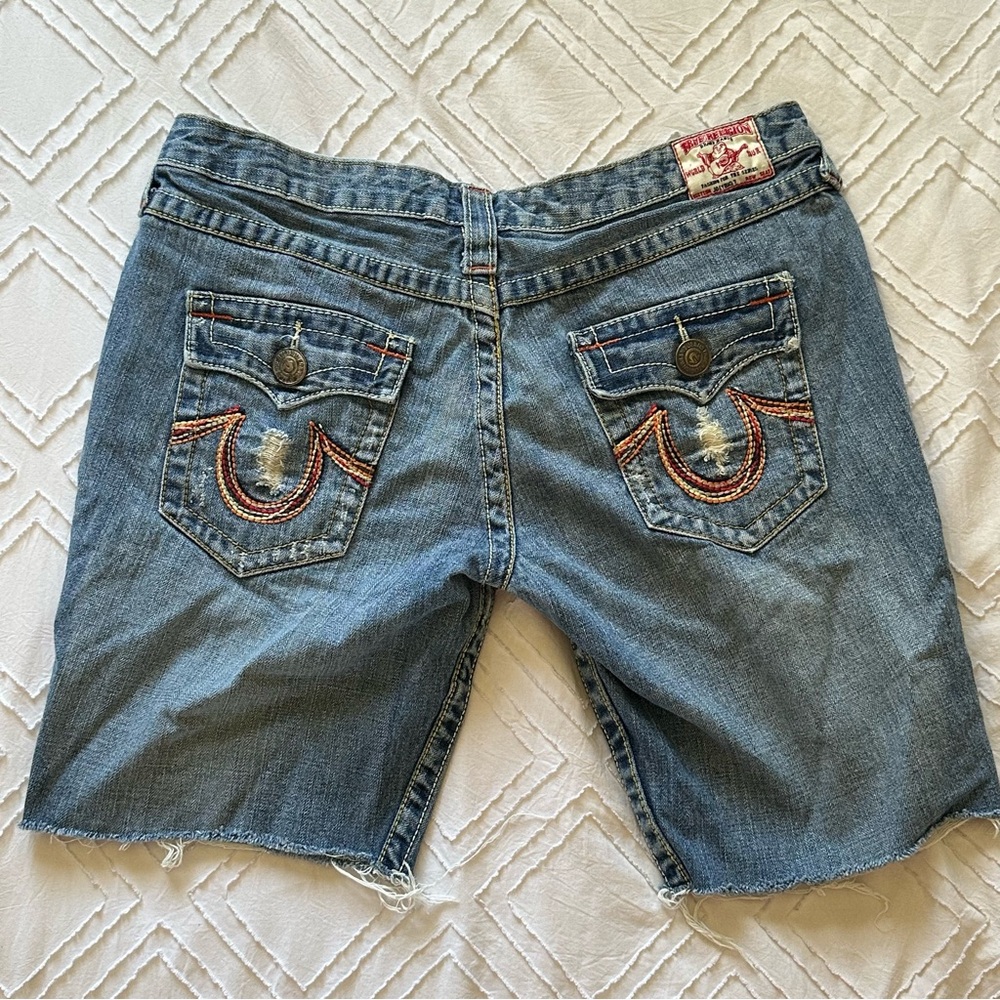 True Religion Made in USA Blue Denim Shorts with Embroidered Pockets